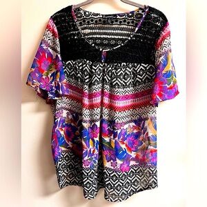 Signature Studio Blouse Women's Large Black Floral Short Sleeve Lace Semi-Sheer